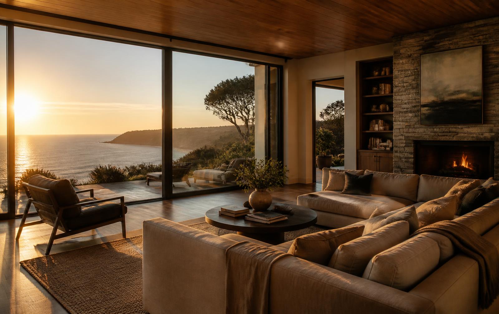 Cinematic frame of a luxury vacation rental living room at golden hour
